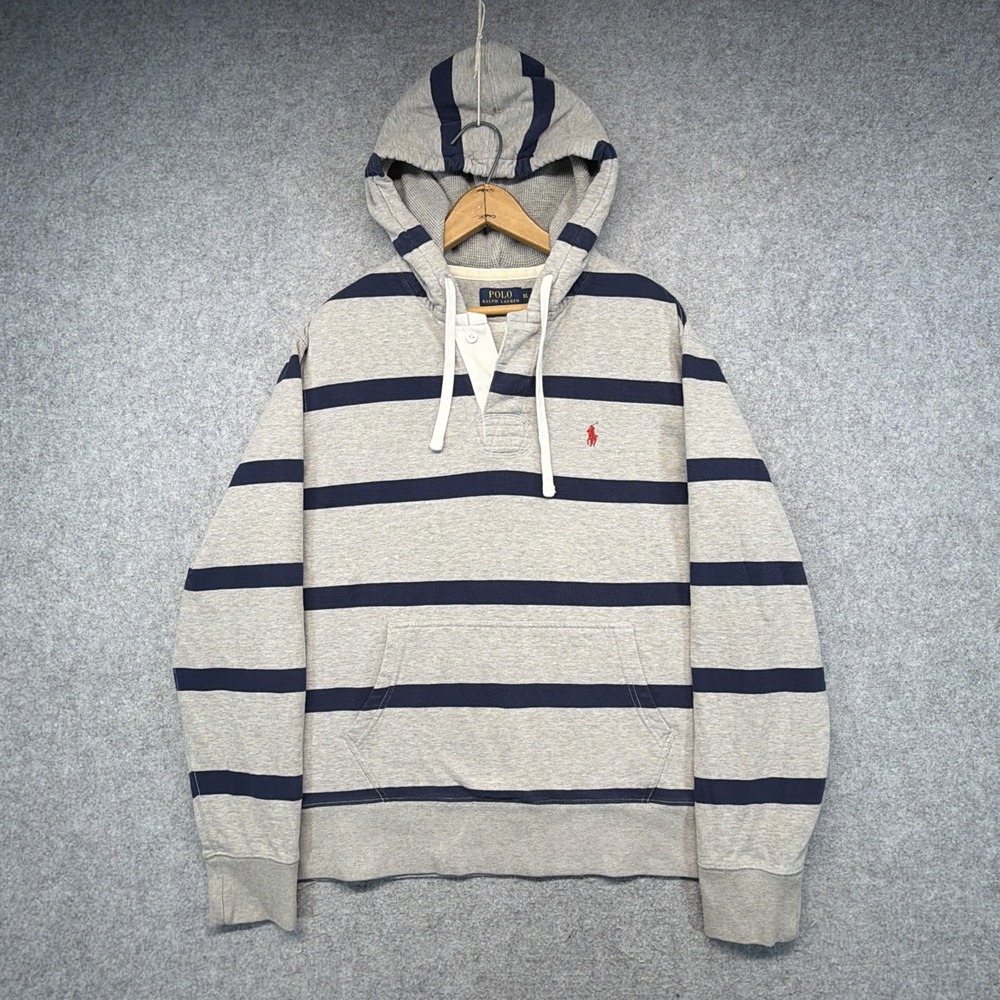 Polo Ralph Lauren Gray Blue Striped Rugby Hoodie Polo Shirt Long Sleeve Men XL